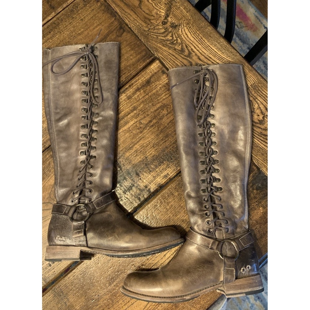 BED STU BURNLEY Brown Distressed Lace Up Knee High Zip Boots Womens 9.5